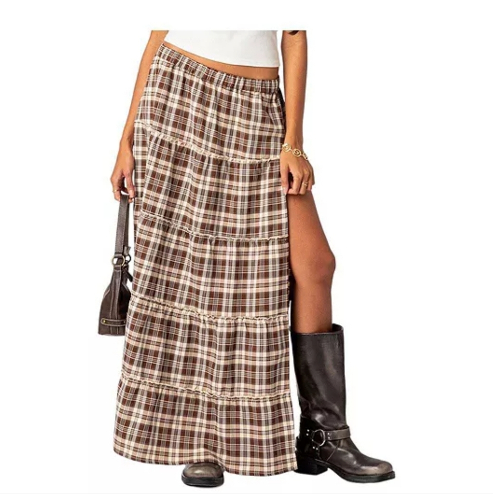 Plaid Tiered Side Slit Maxi Skirt EDIKTED